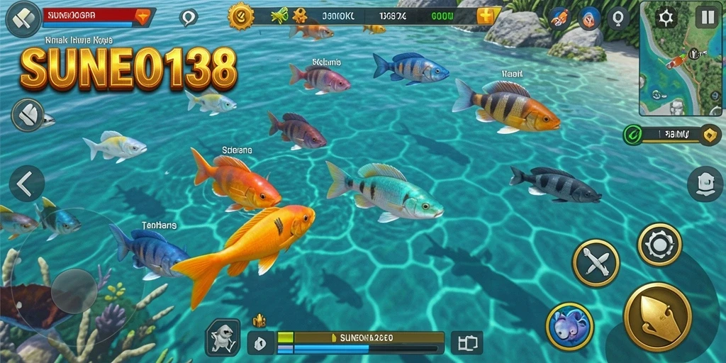 Tampilan gameplay SUNEO138 dengan ikan berwarna-warni yang bisa ditangkap.