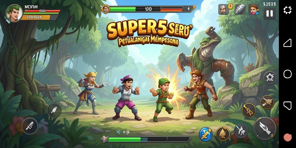 Tangkapan layar utama SUPER5 menampilkan aksi eksplorasi yang mendebarkan.